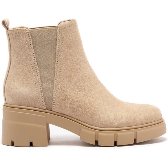 Redtop Women's Nude Faux Suede Elastic Chunky Block Heel Lug Sole Ankle Boot - Picture 4 of 7